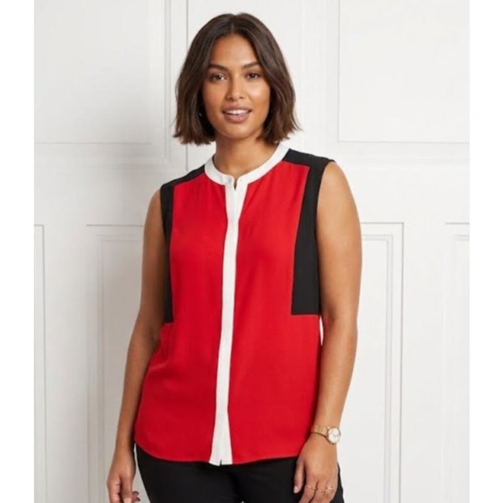 Nine West Sleeveless ColorBlock Blouse Relaxed Button Up Career Top Size 16